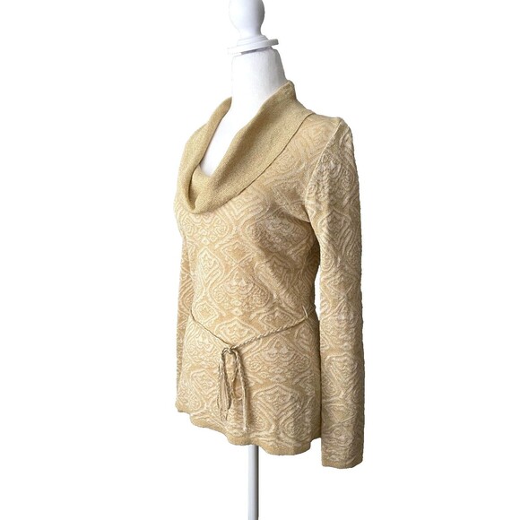 Vintage Y2K Gold Metallic Knit Top S Jacquard Cowl Neck Tie Belt 70s 90s Elegant - Picture 5 of 15